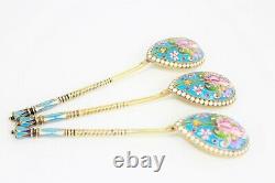 Imperial Russian Silver-gilt And Enamel Cloisonné Spoon Set Of 12+box, 84 Moscou
