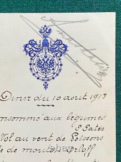 Menu antique de l'Empire russe signé par le grand-duc Nicolas et la grande-duchesse Anastasia