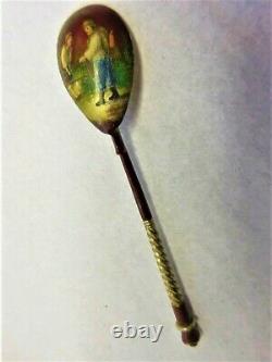 Original Pictorial Russian Imperial Silver 84 Lacquer Red Enamel Spoon Antiquités