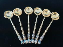 Rare Antique Impérial Russe Cloisonne Fire Enamel Silver Gold Wash Spoon Set 6