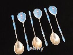 Rare Antique Impériale Russe Cloisonne Enamel 84 Silver Tea Spoon Set 6 Russie