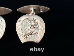 Rare Cufflinks en argent russe impérial 84 doré à l'or antique et en forme de fer à cheval chanceux