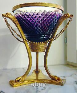 Rare Empire Antique Verre Russe Améthyste Vase Gilt Bronze, Gravure Sur Diamant