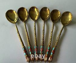 Six Antique 19ème C Russe Impérial 84 Argent Émail Spoons