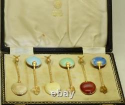 Stupéfiant Antique Impérial Russe Faberge 18k Gilt Argent Émail Cuillères À Thé